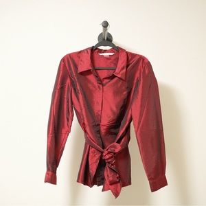 Peter Nygard Long Sleeve Blouse Red & Black with Tie Belt Size US 12